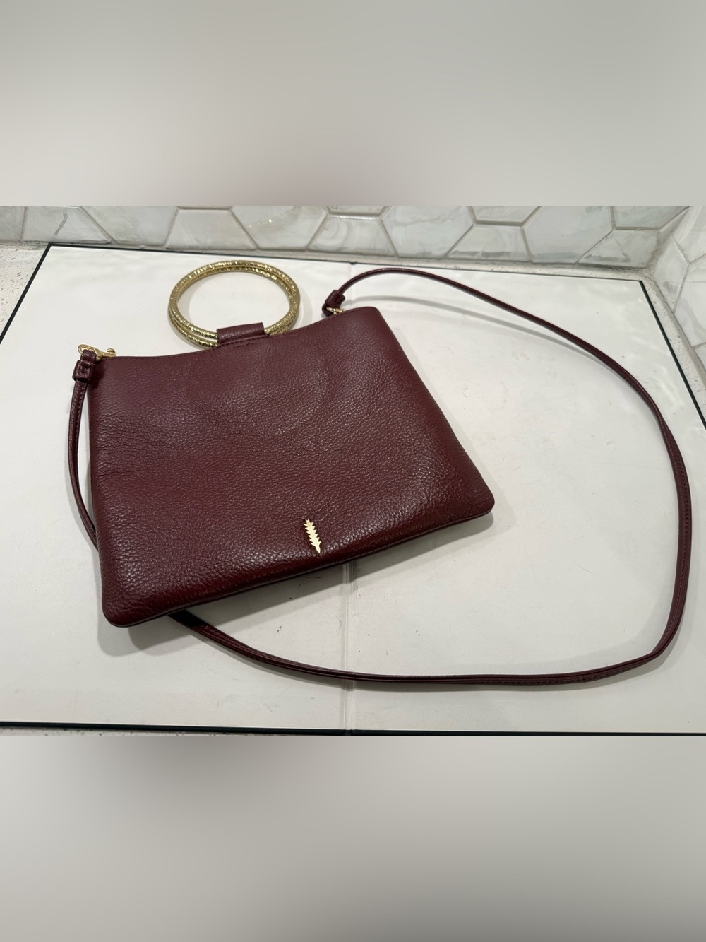 Thacker New York Gia Clutch & Crossbody Maroon LeatherBag Gold Metallic O Ring